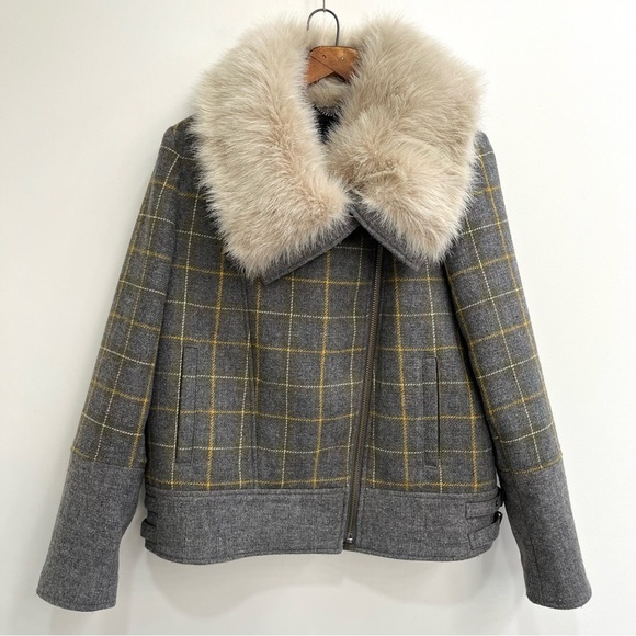 Banana Republic Women’s Faux Fur Plaid Moto Jacket Coat Wool Blend Gray Yellow M - Picture 5 of 16